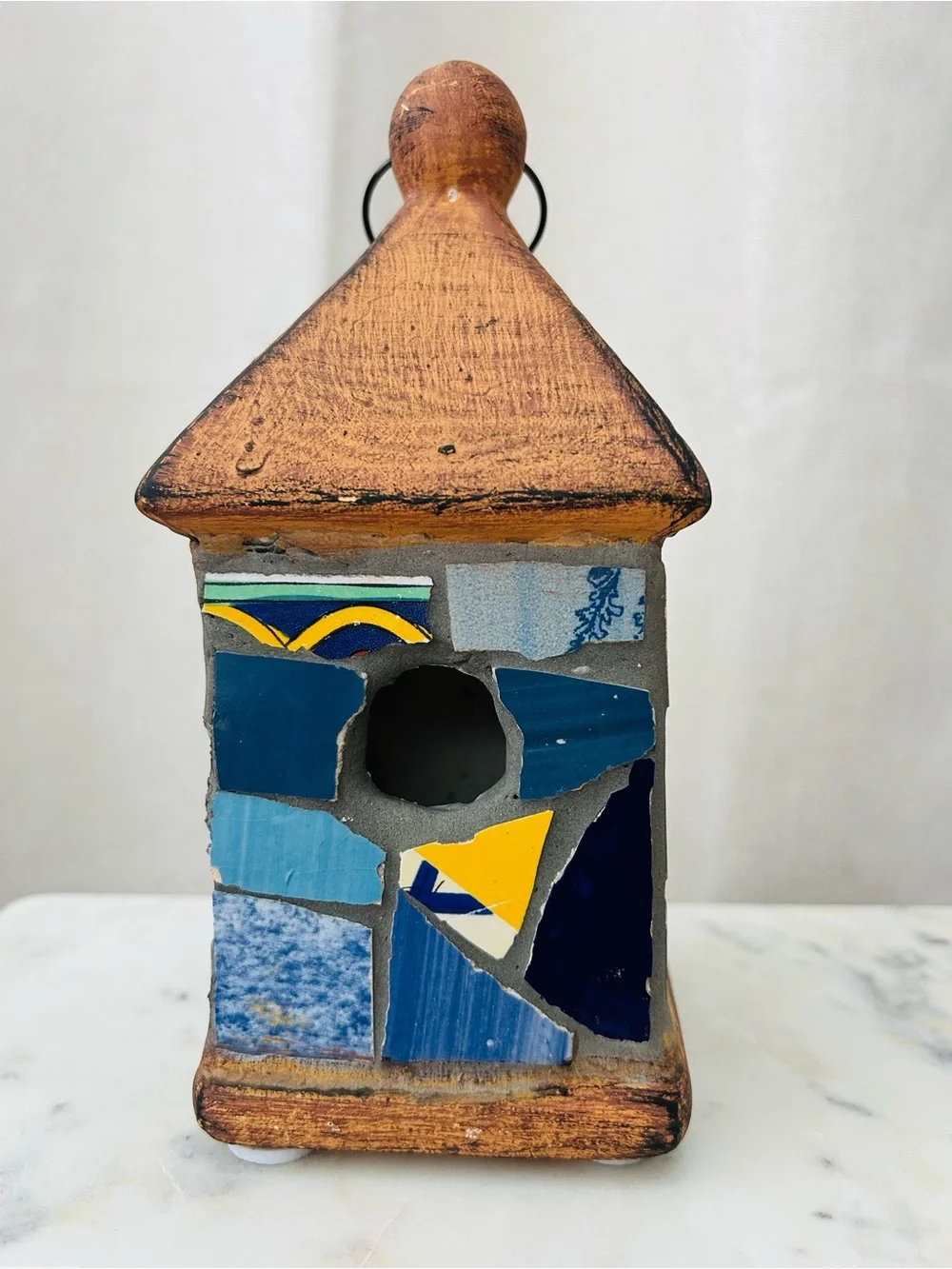 Handmade Mosaic Blue & Yellow Birdhouse Decor - Unbranded